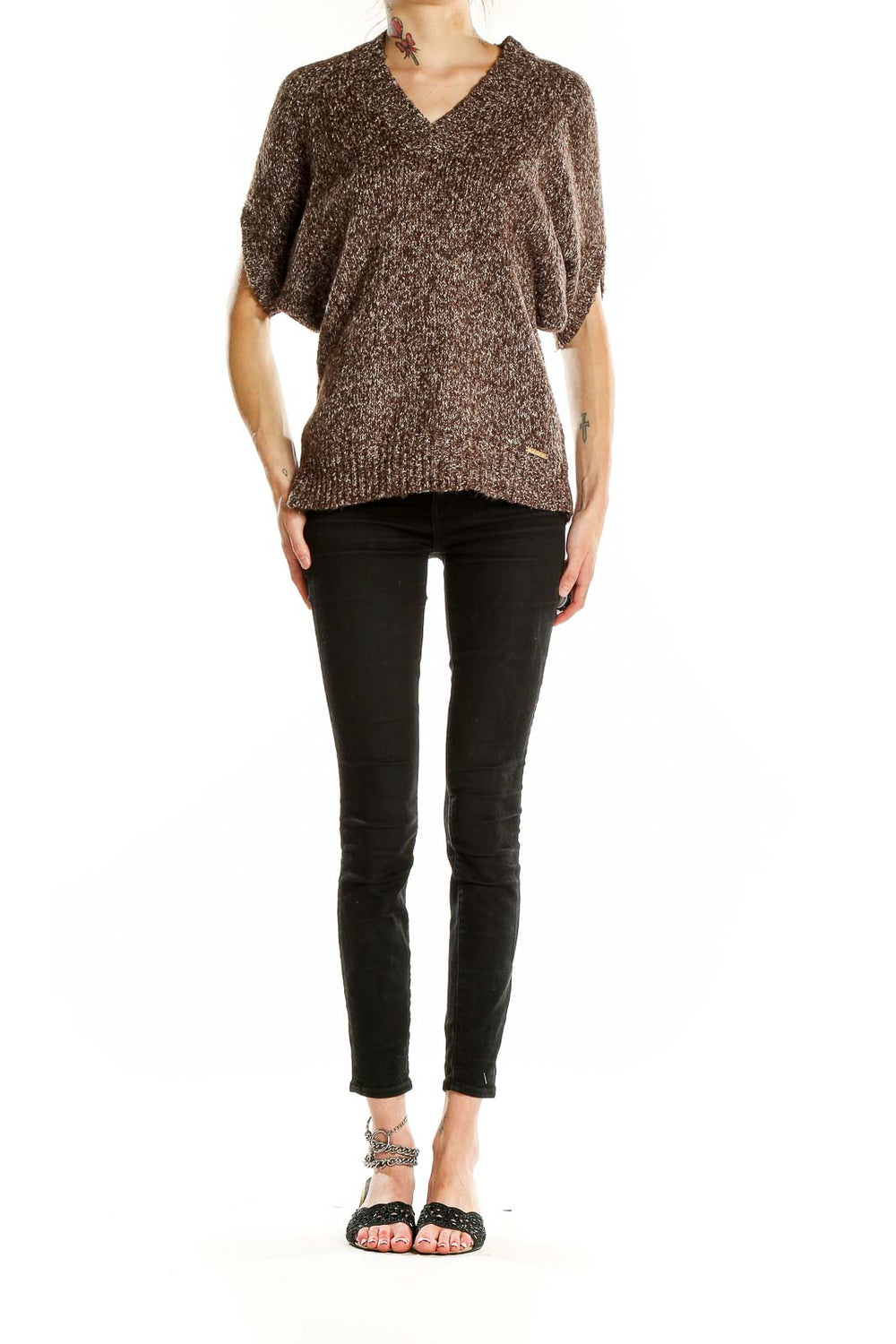 Front view of MICHAEL Michael Kors brown marled v-neck sweater with dolman sleeves