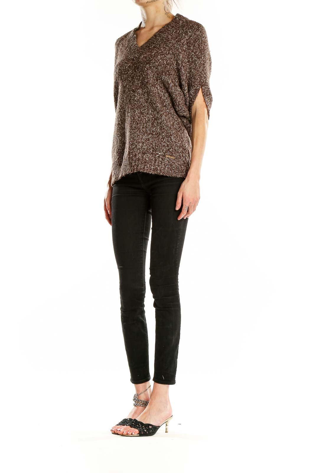 Front view of MICHAEL Michael Kors brown marled v-neck sweater with dolman sleeves