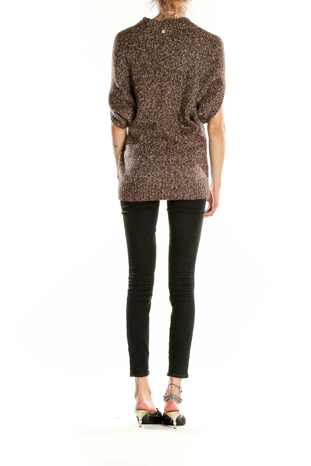 Side view of MICHAEL Michael Kors brown marled v-neck sweater showing relaxed fit