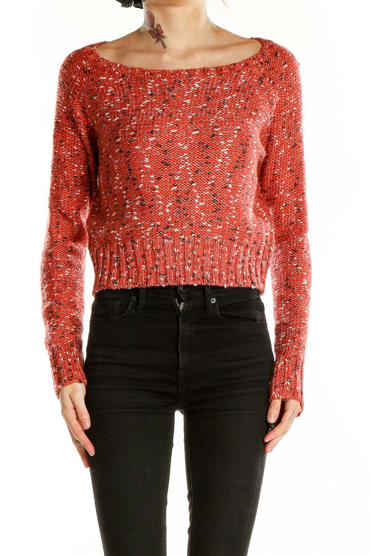 Front view of red speckled cropped sweater by John + Jenn