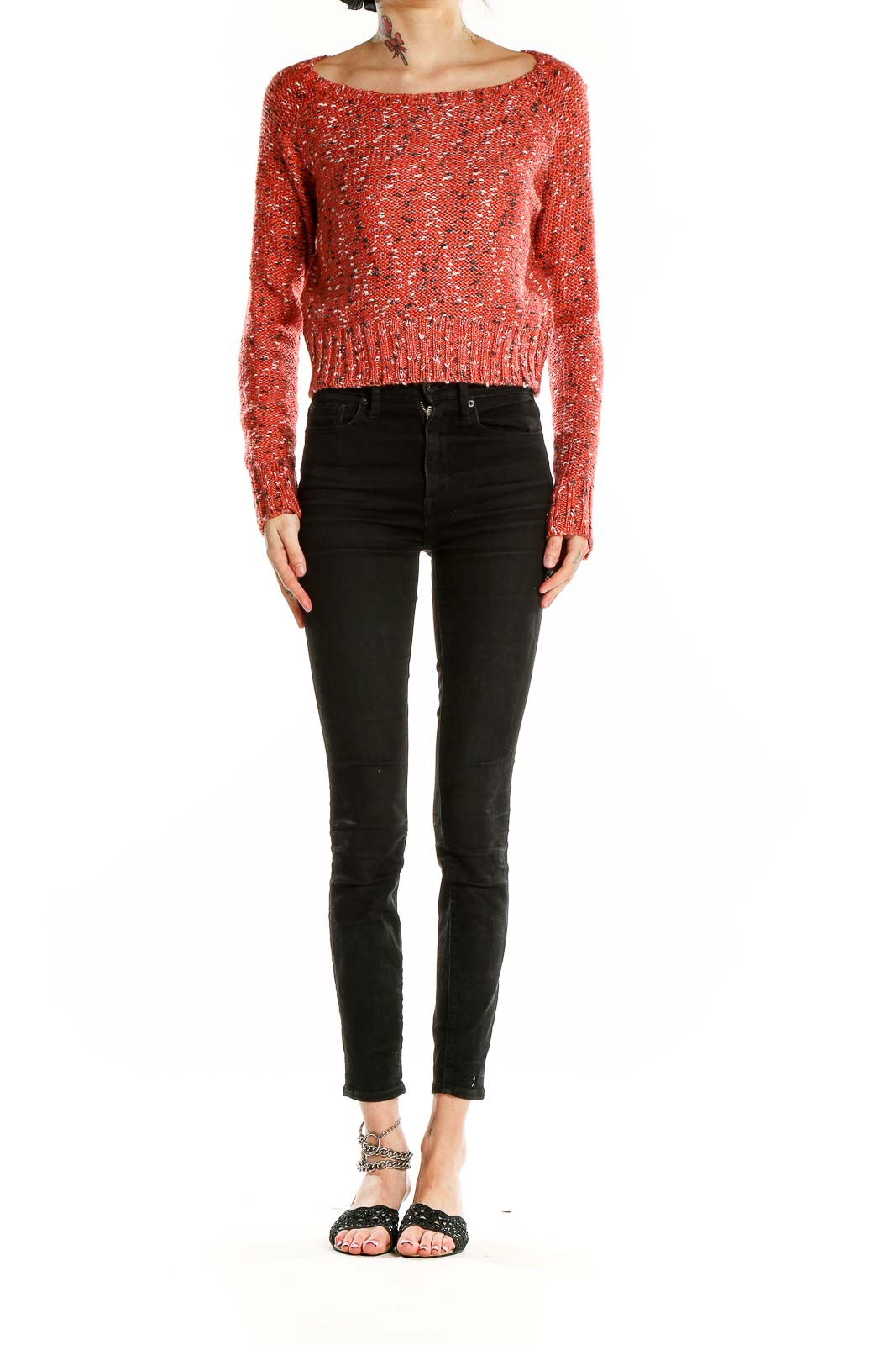Front view of red speckled cropped sweater by John + Jenn