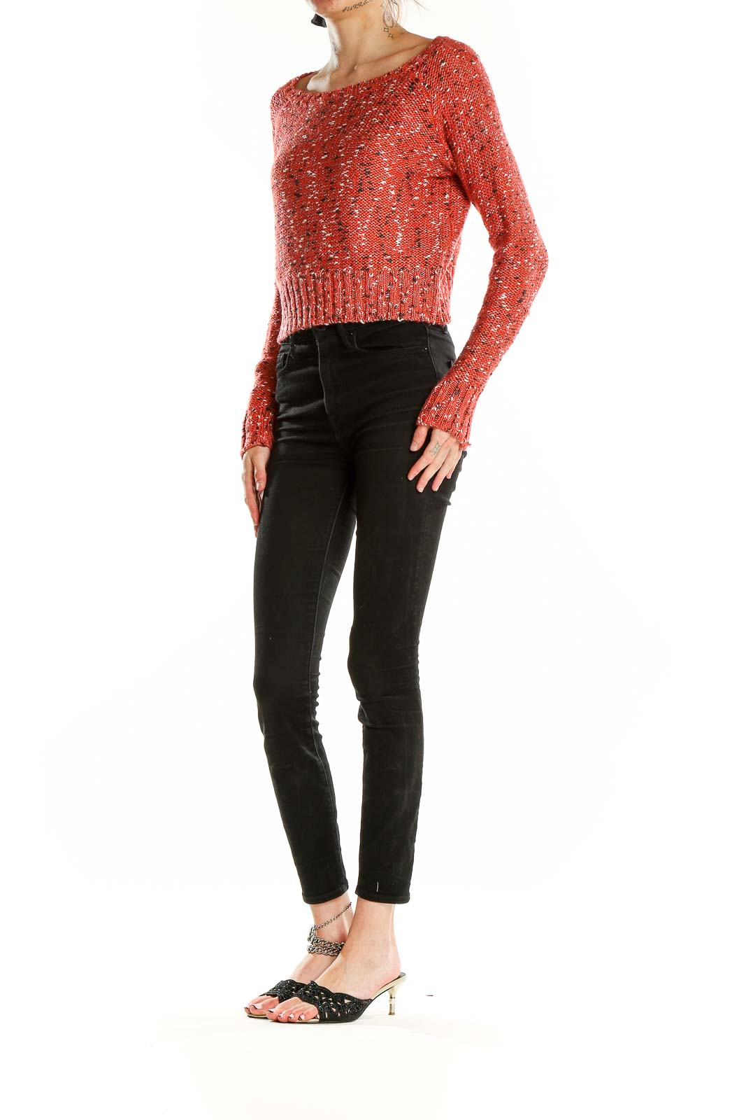 Front view of red speckled cropped sweater by John + Jenn
