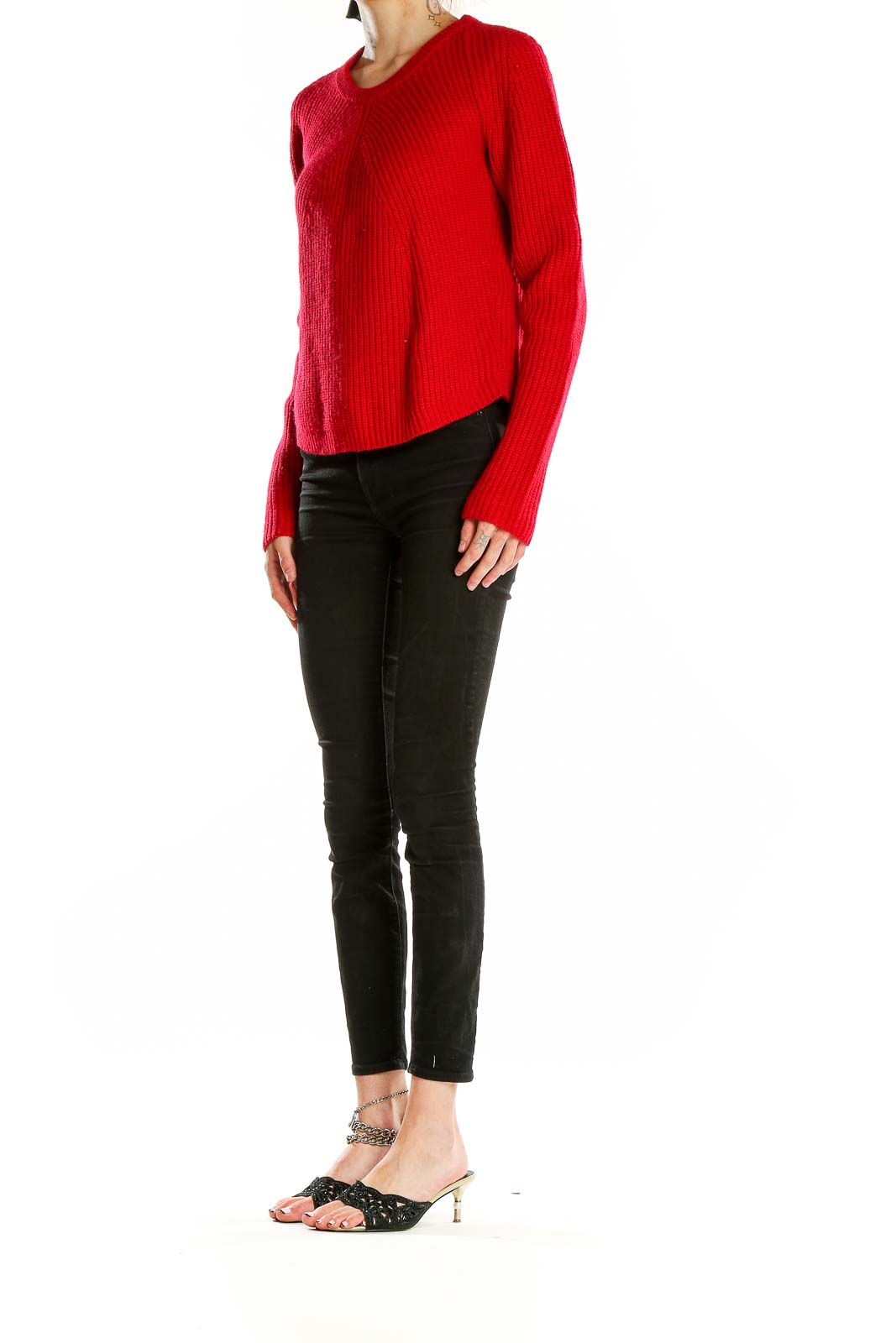 Front view of Cynthia Rowley red ribbed acrylic-wool sweater