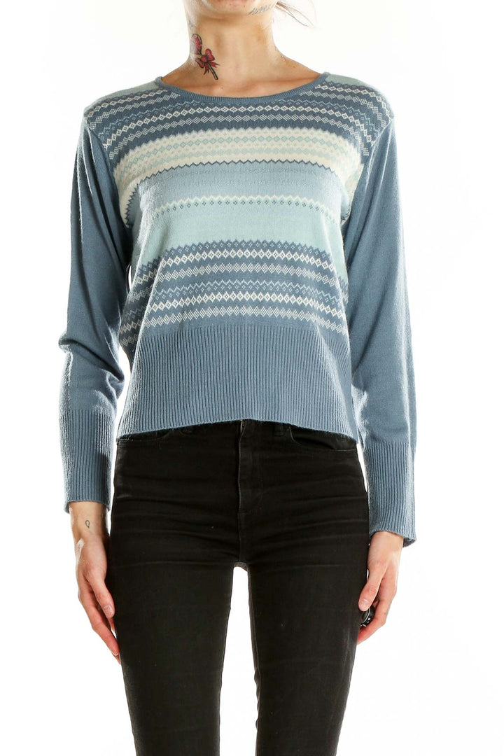 Front view of Norton McNaughton blue striped acrylic knit sweater