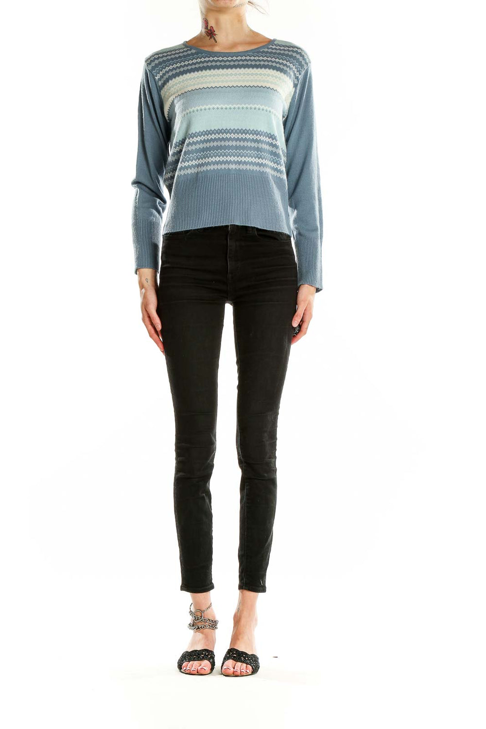 Front view of Norton McNaughton blue striped acrylic knit sweater