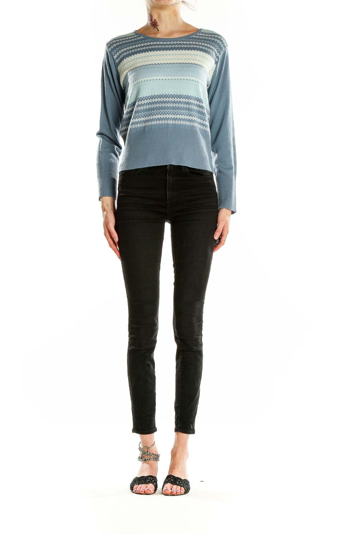 Front view of Norton McNaughton blue striped acrylic knit sweater