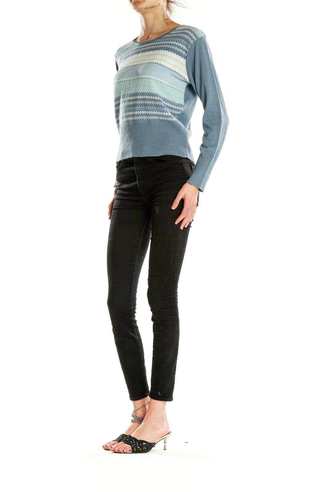 Front view of Norton McNaughton blue striped acrylic knit sweater