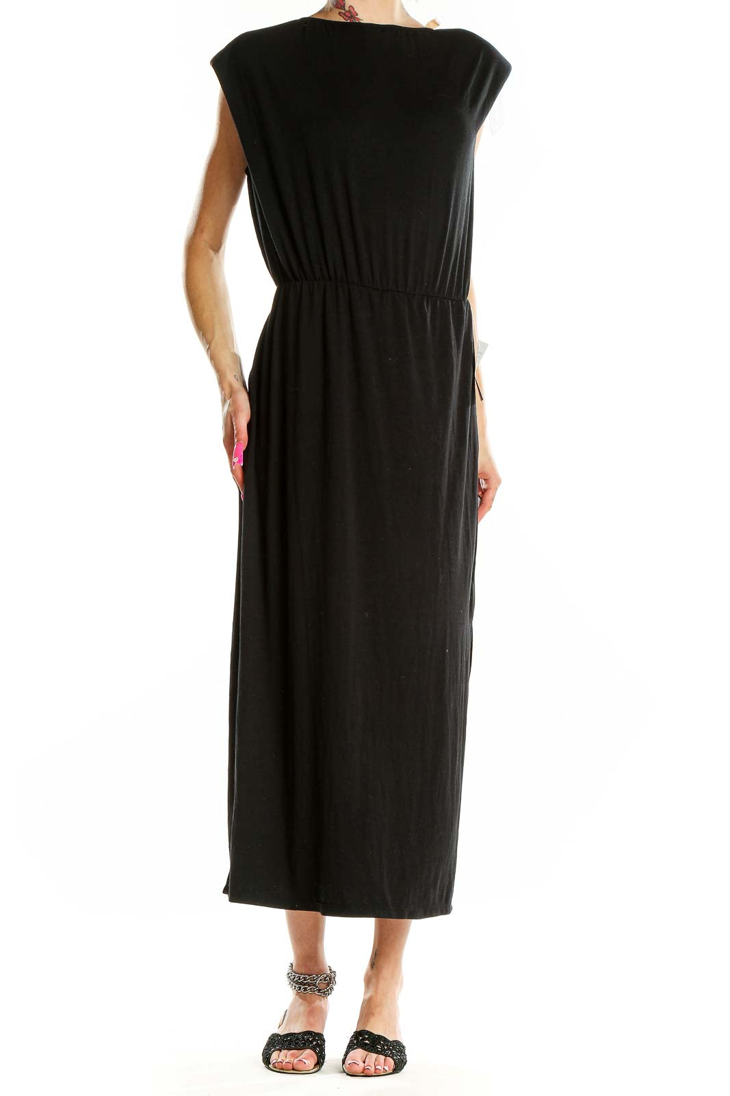 Front view of Wayf black maxi dress with boat neckline and cap sleeves