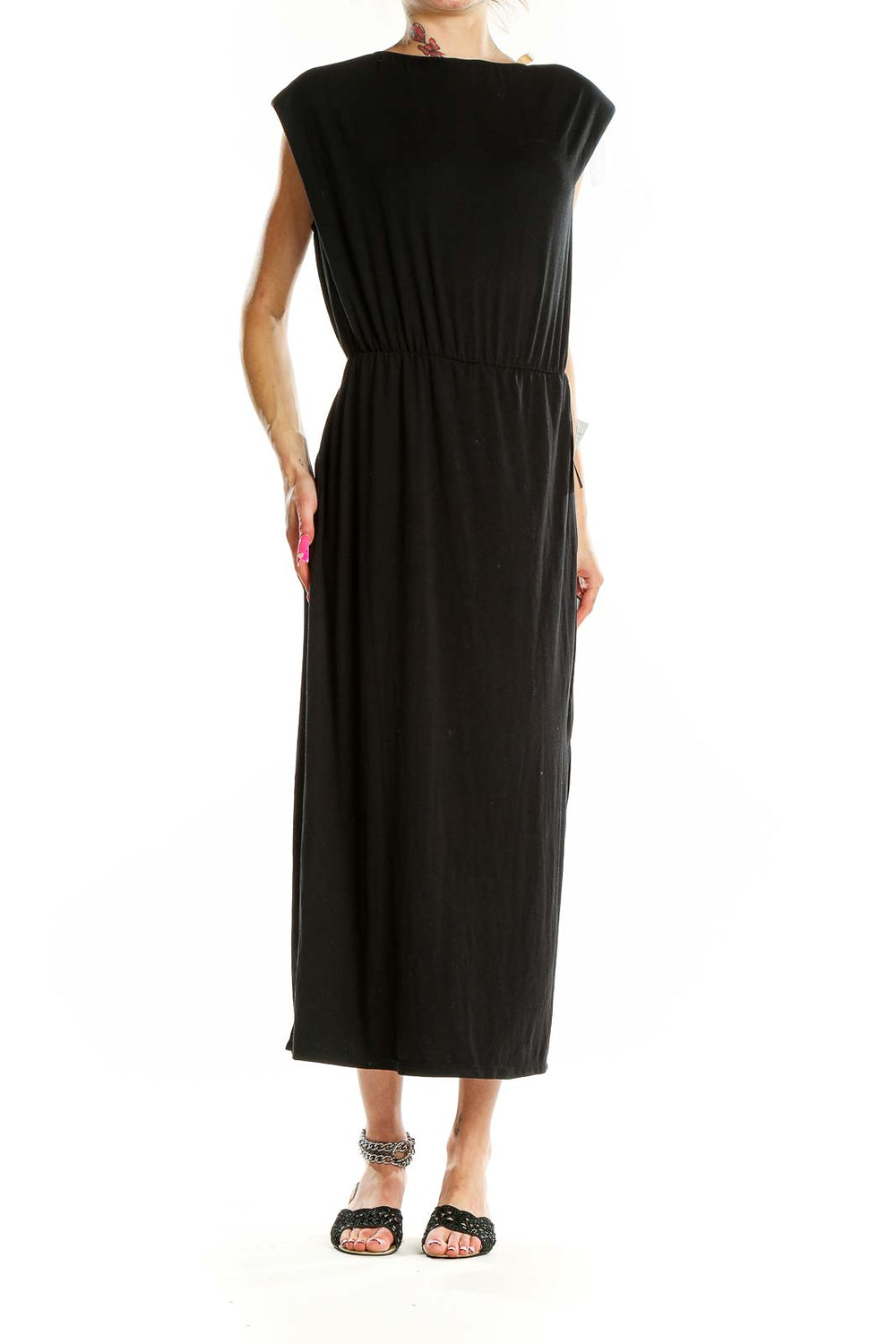 Front view of Wayf black maxi dress with boat neckline and cap sleeves