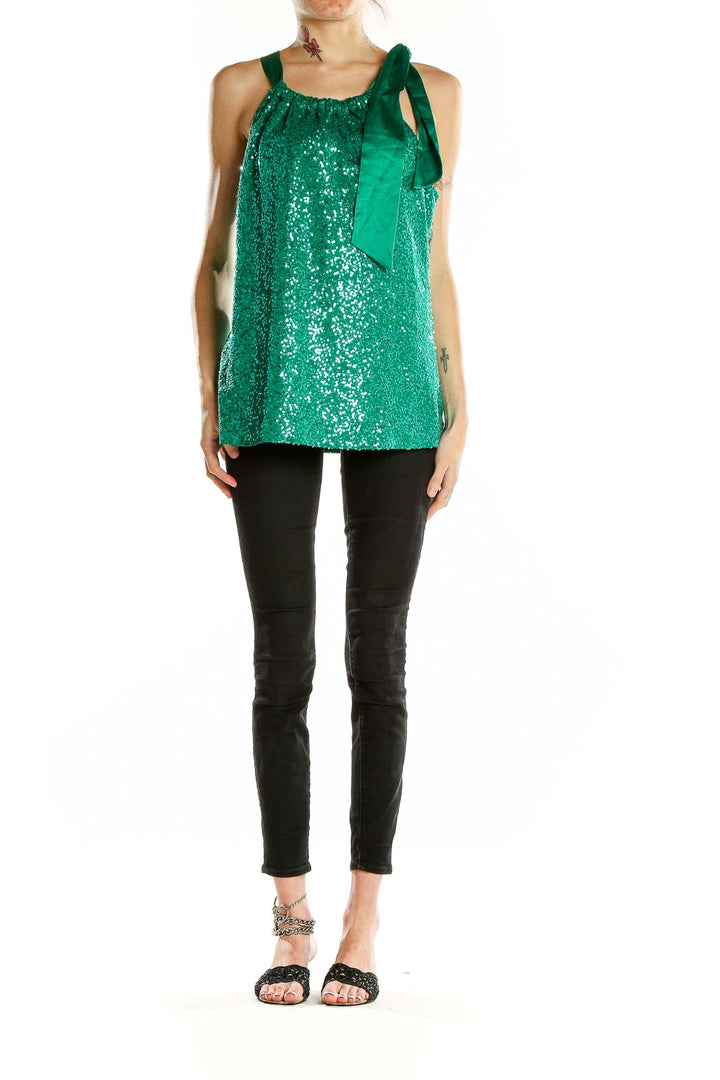 Front view of T Tahari green sequin sleeveless top with satin bow