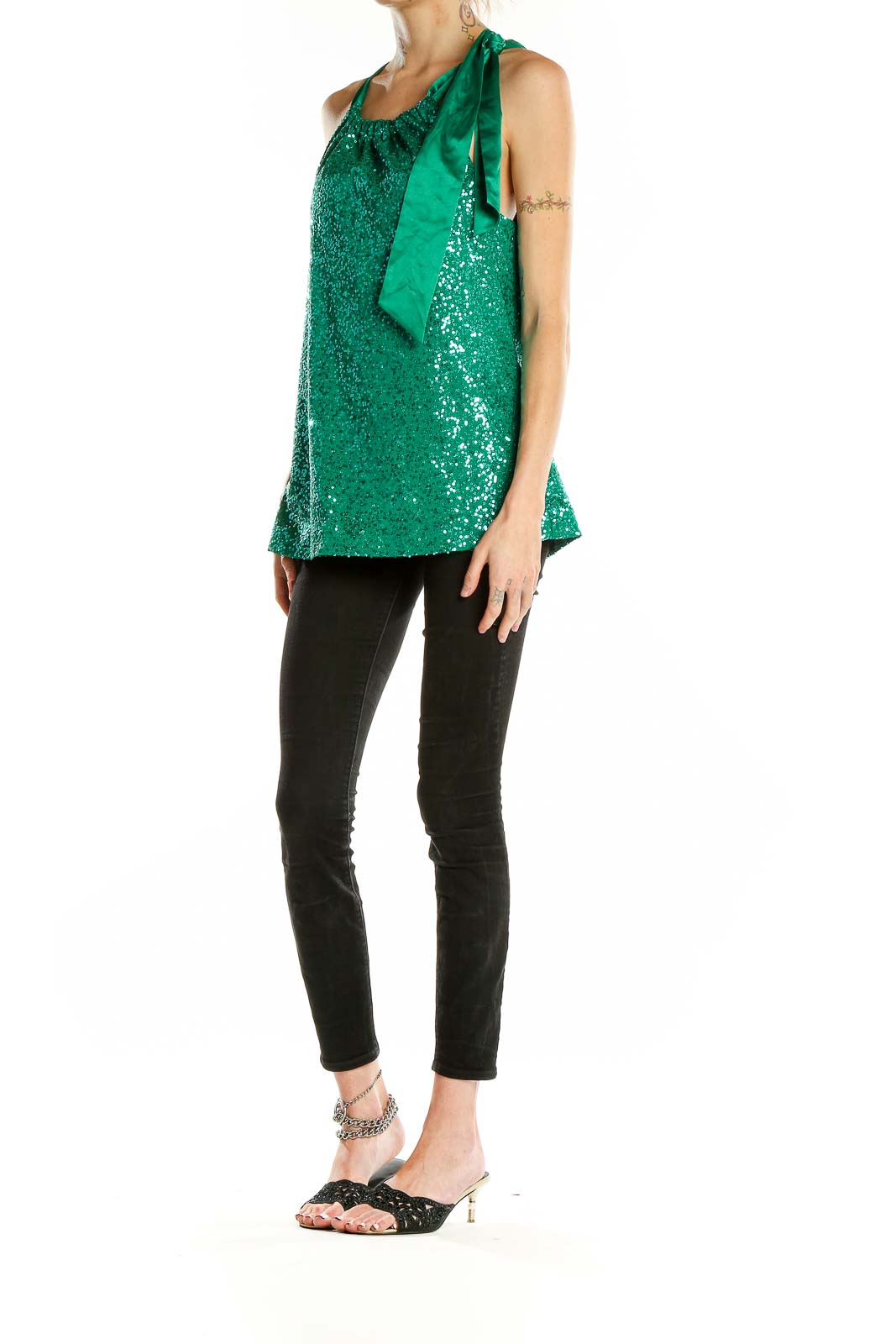 Front view of T Tahari green sequin sleeveless top with satin bow