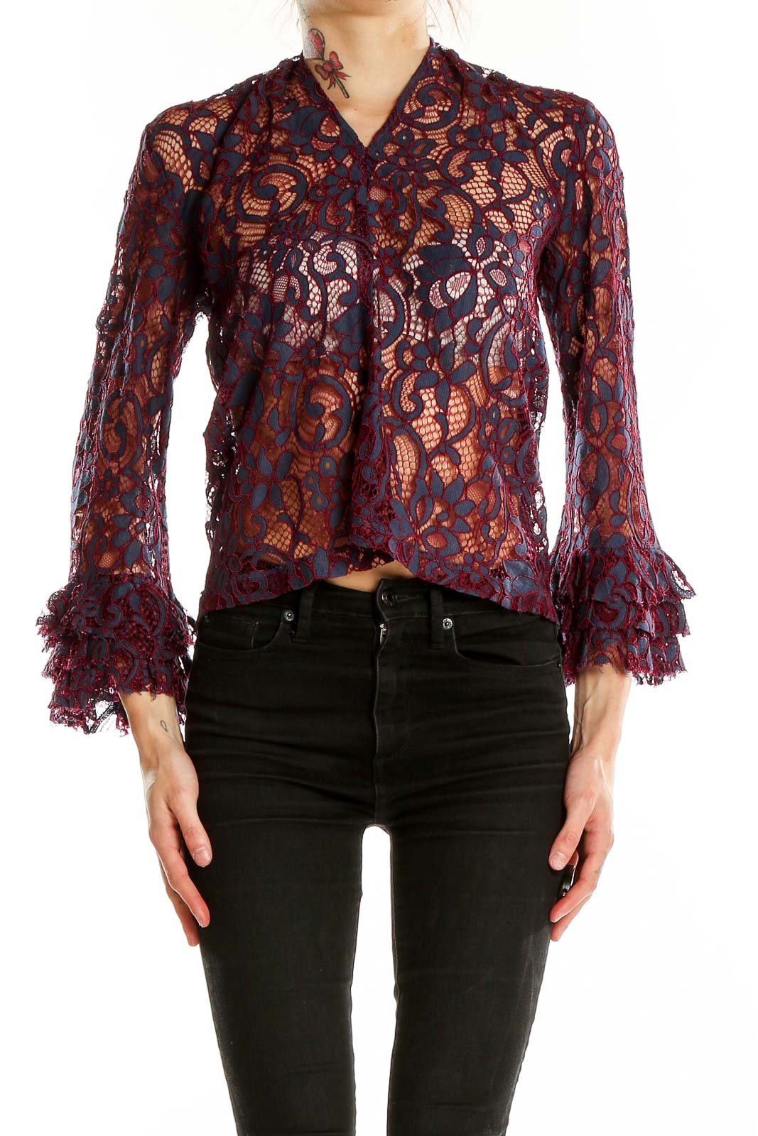 Front view of Willow & Clay burgundy lace crop top with bell sleeves