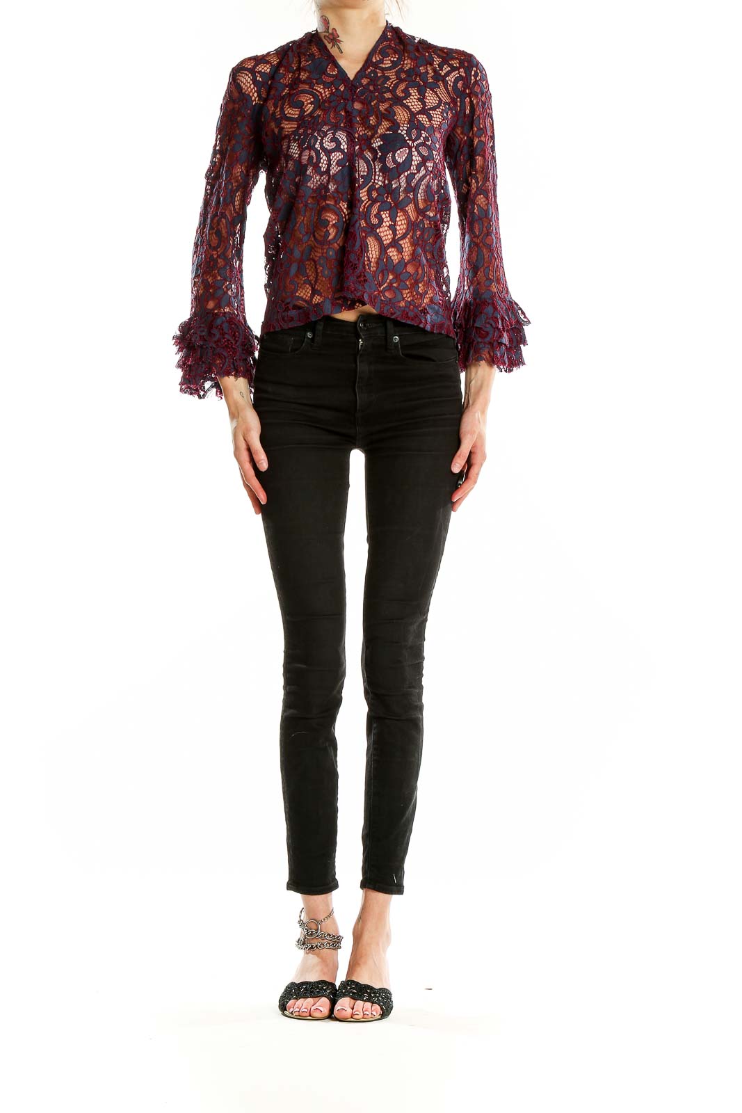 Front view of Willow & Clay burgundy lace crop top with bell sleeves