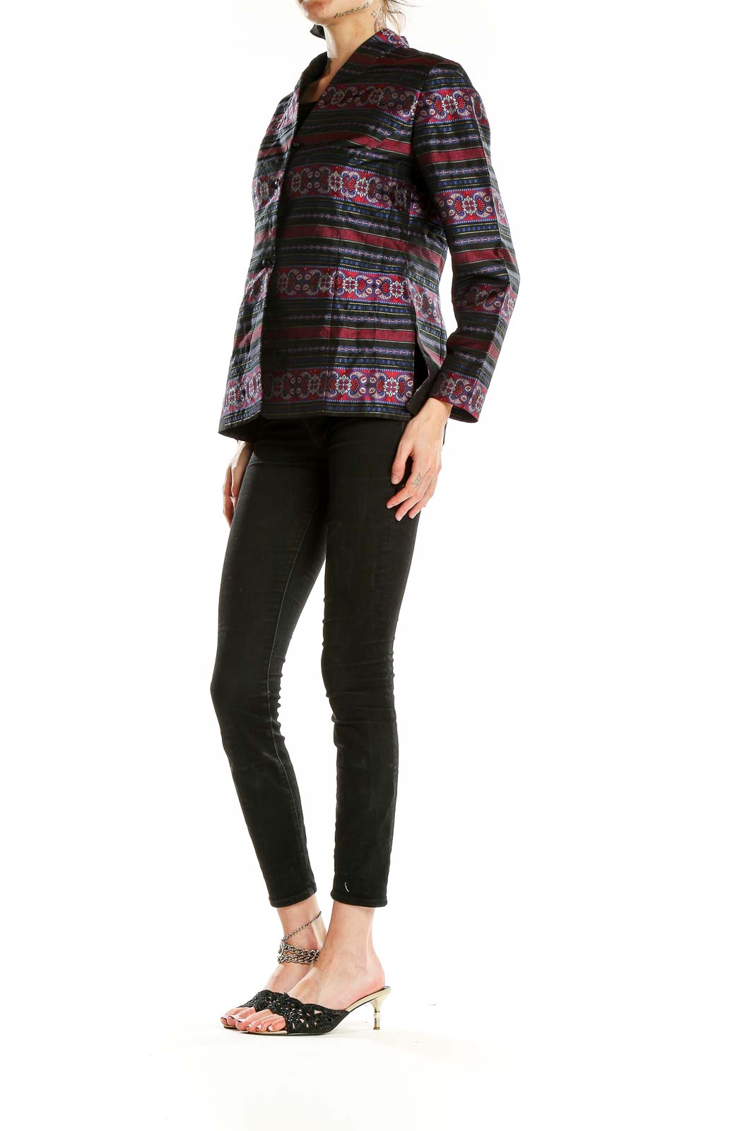 Front view of Talbots multicolor striped silk blazer with floral pattern