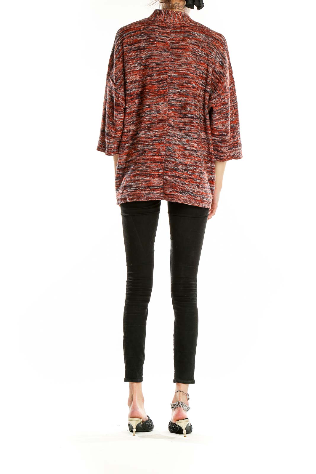 Side view of Pure Jill rust marled V-neck oversized knit top on model