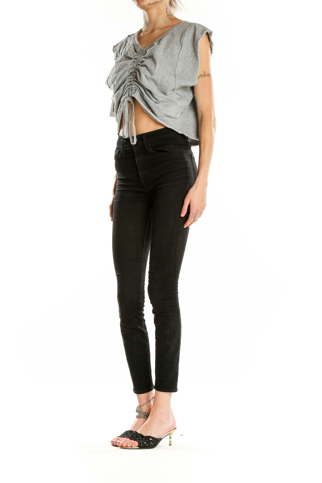 Front view of gray ruched V-neck crop top with drawstring detail