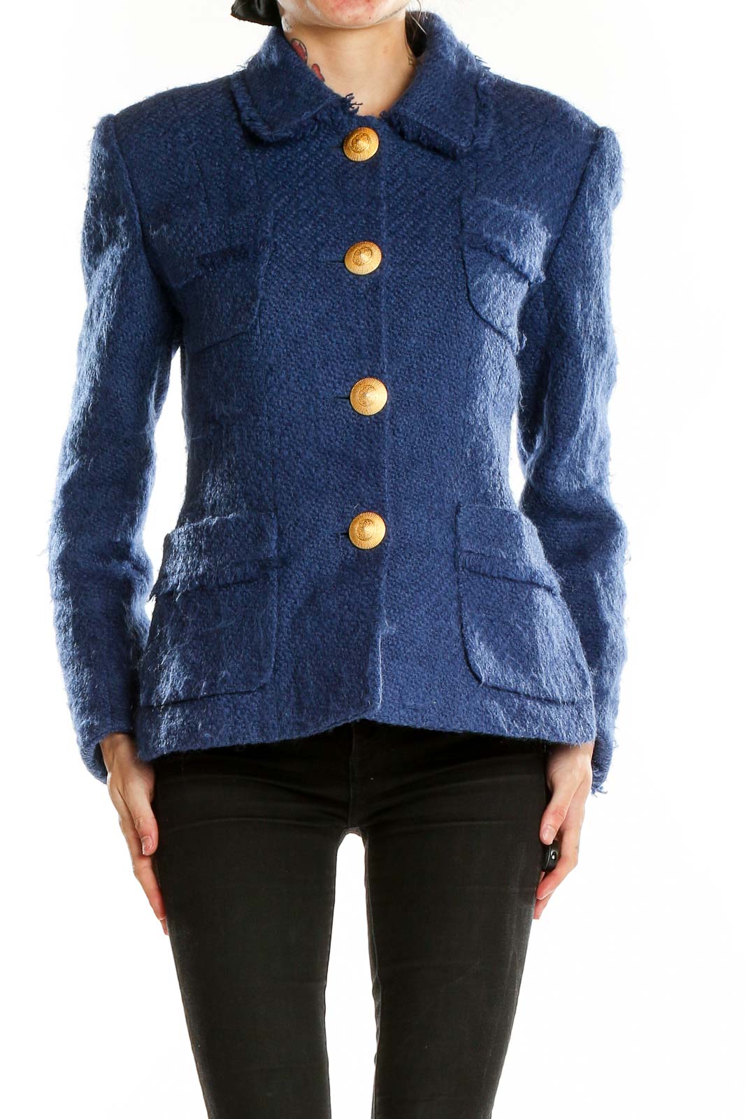 Front view of Narakas Paris navy textured blazer with gold buttons