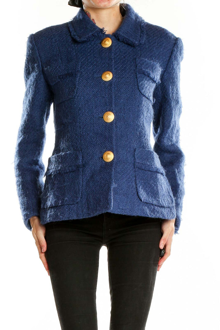 Front view of Narakas Paris navy textured blazer with gold buttons