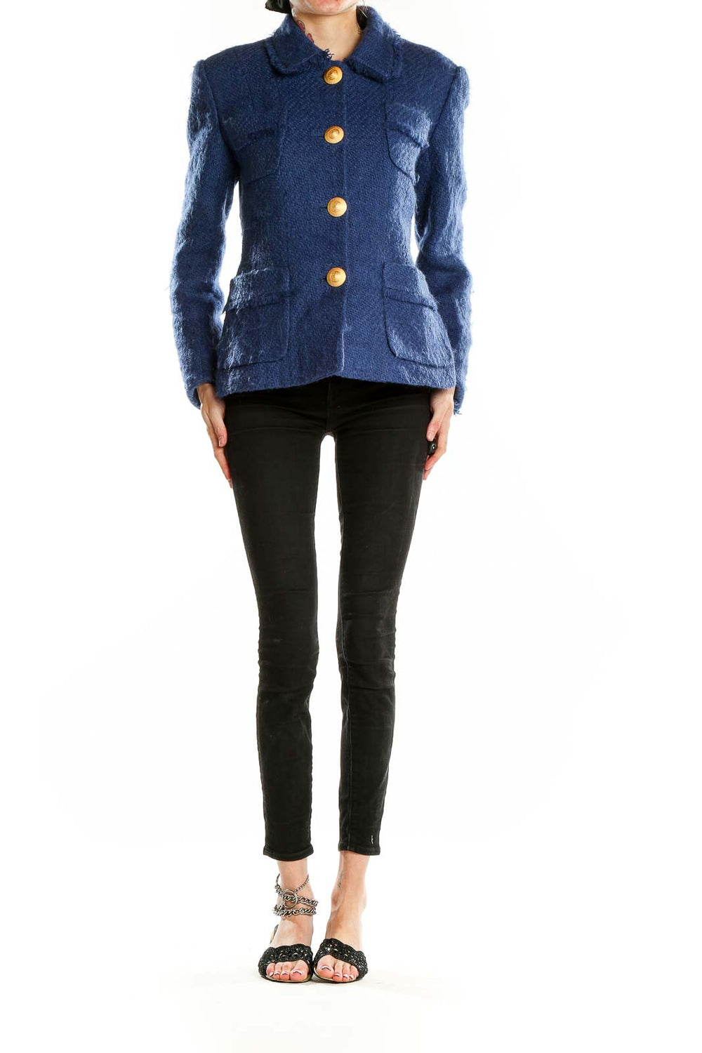 Front view of Narakas Paris navy textured blazer with gold buttons