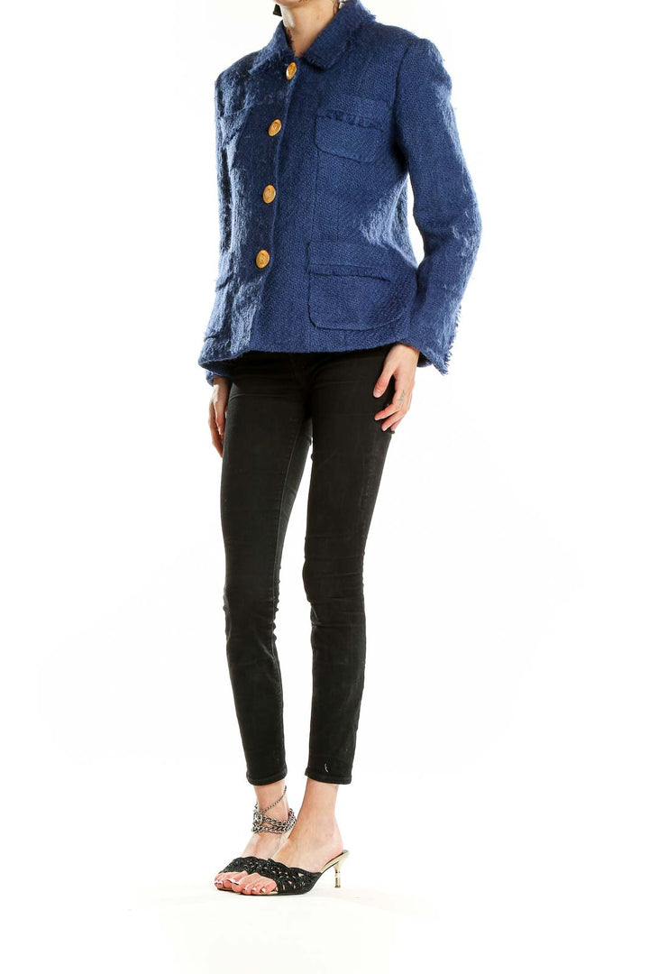 Front view of Narakas Paris navy textured blazer with gold buttons