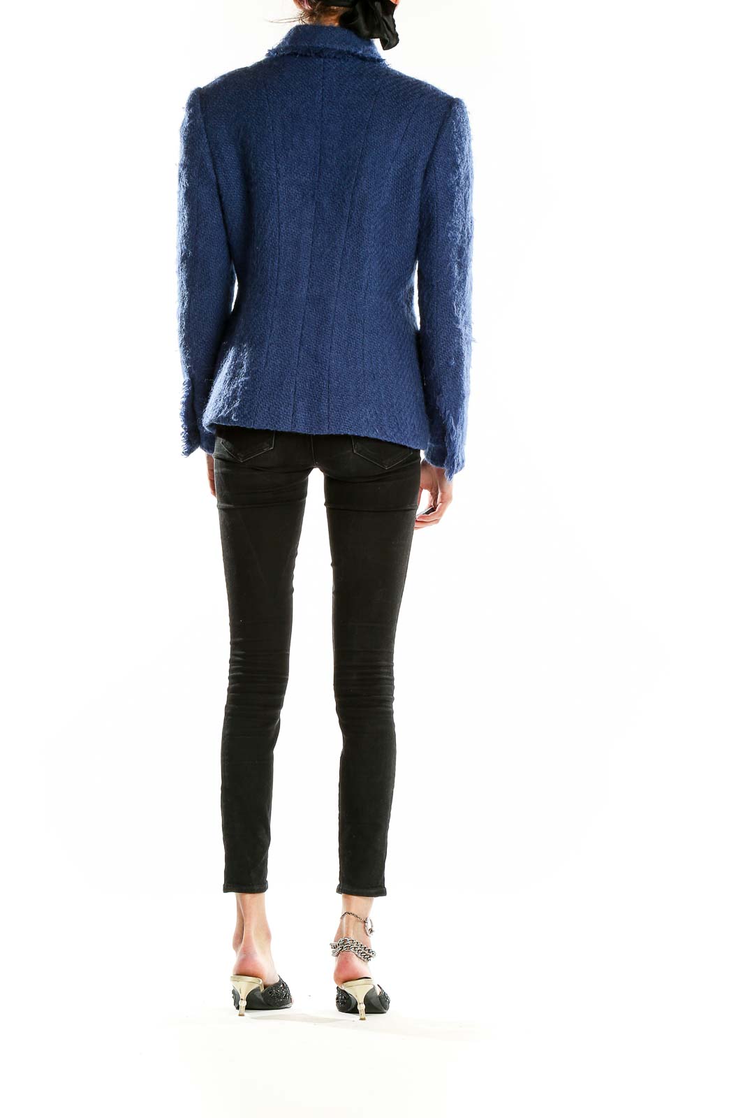 Side view of Narakas Paris navy textured blazer on model