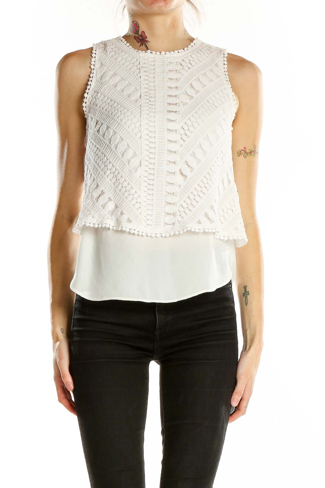 Front view of Greylin white layered crochet sleeveless top
