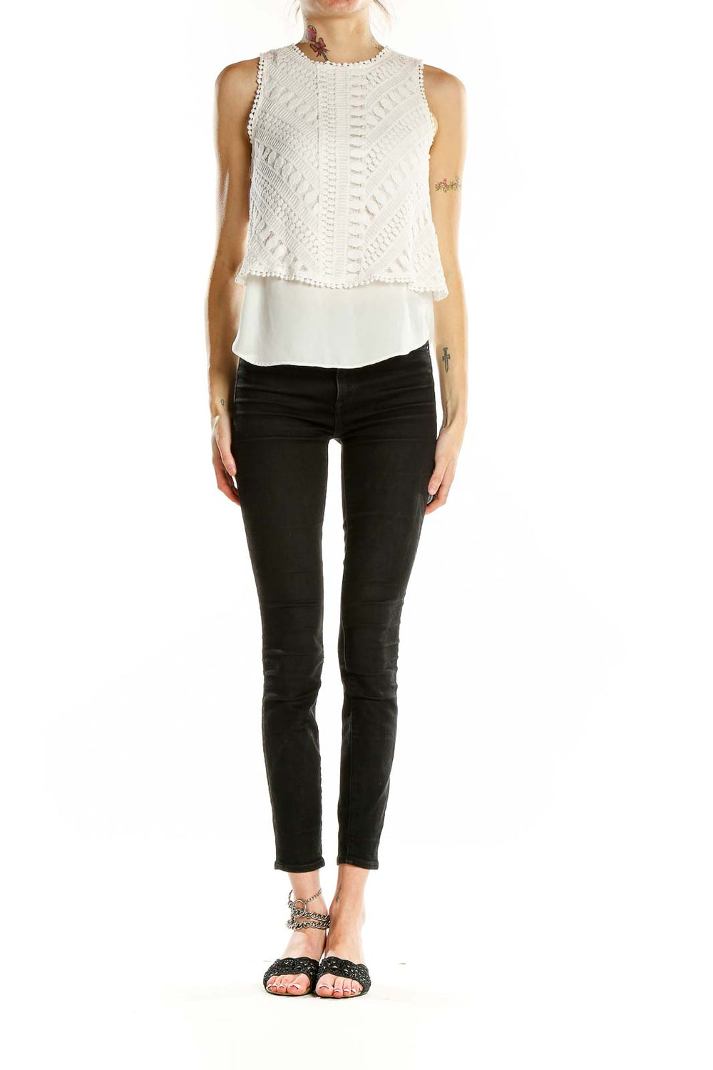 Front view of Greylin white layered crochet sleeveless top