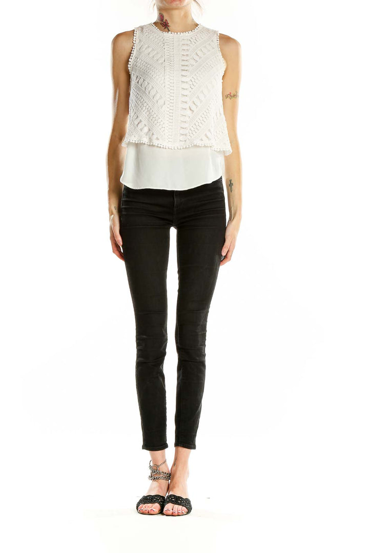 Front view of Greylin white layered crochet sleeveless top