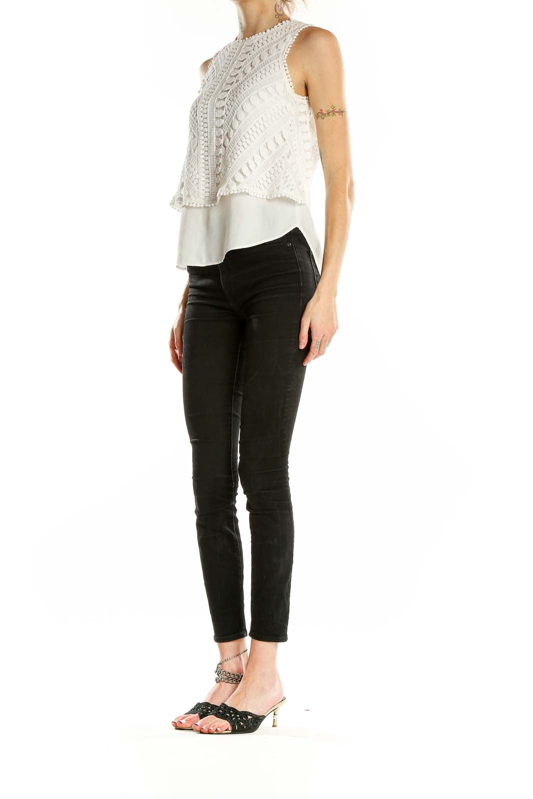 Front view of Greylin white layered crochet sleeveless top