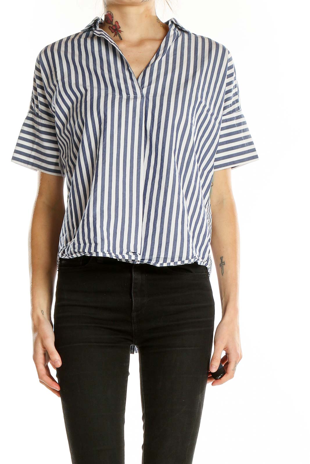 Front view of Madewell blue and white striped short-sleeve button-up shirt
