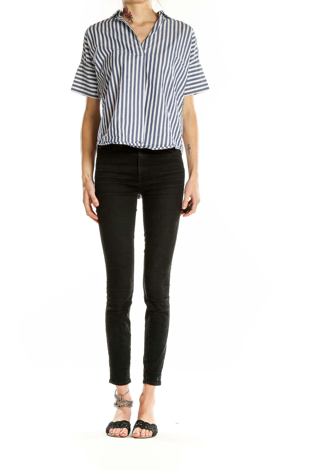 Front view of Madewell blue and white striped short-sleeve button-up shirt