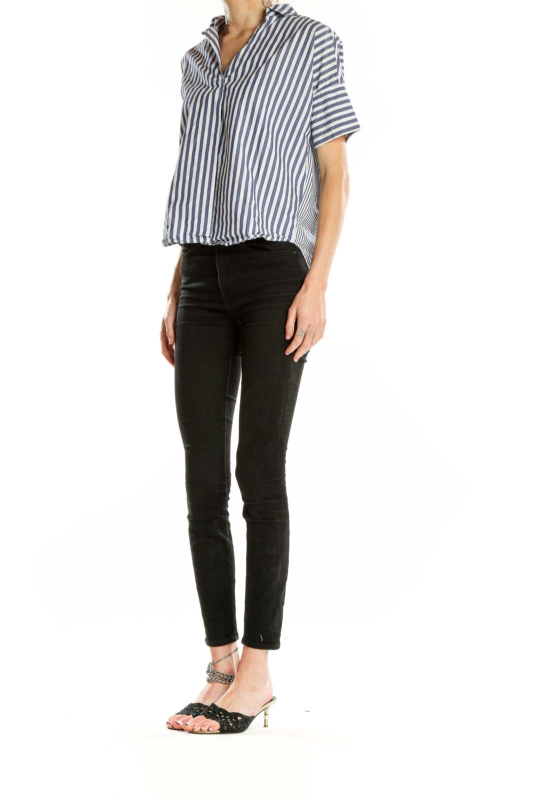 Front view of Madewell blue and white striped short-sleeve button-up shirt