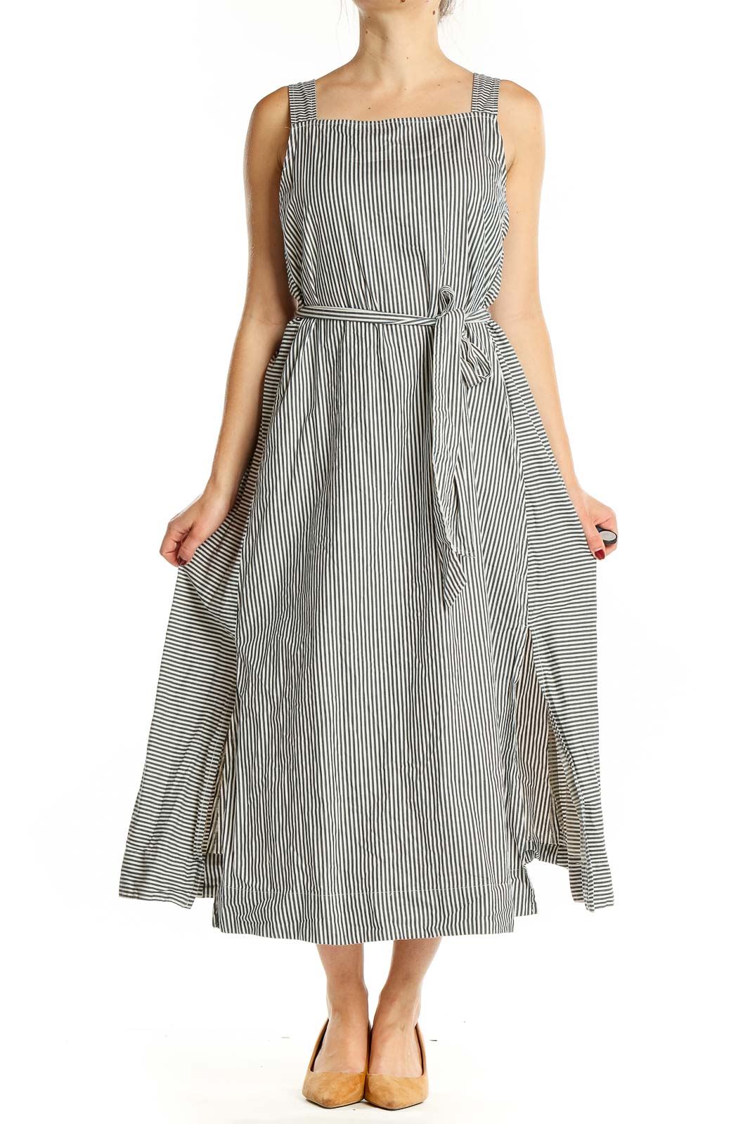 Front view of Madewell black and white striped cotton midi dress with belted waist
