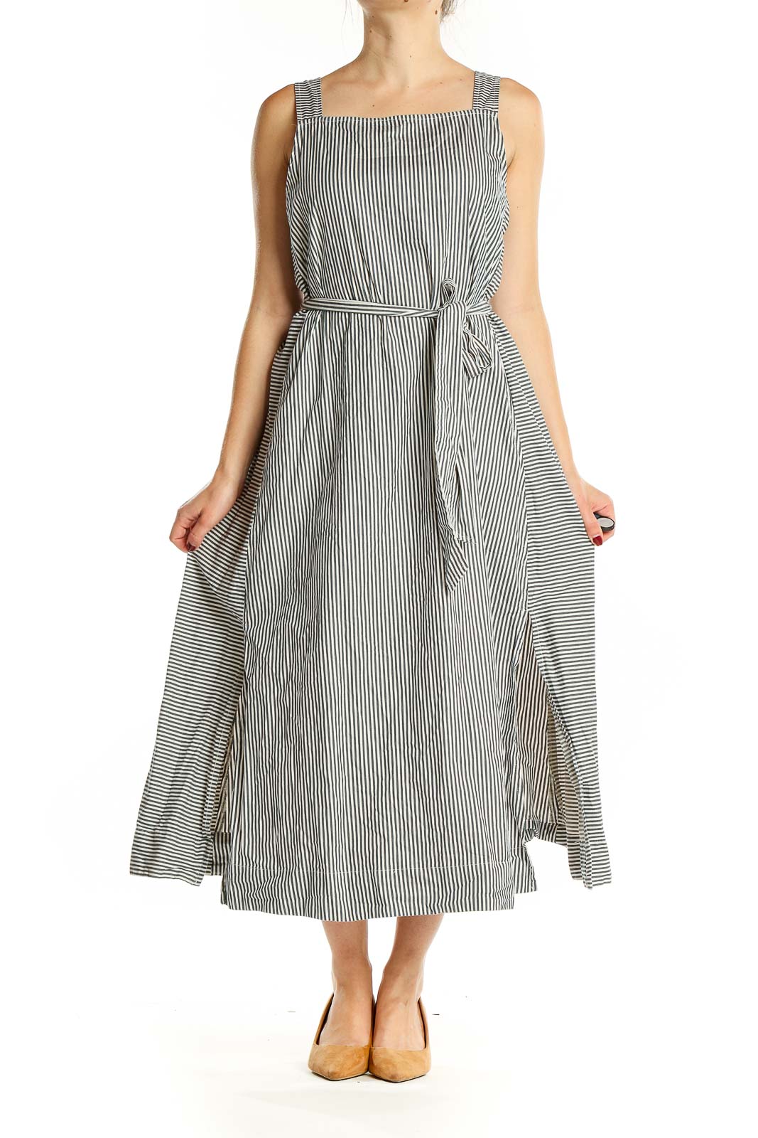 Front view of Madewell black and white striped cotton midi dress with belted waist