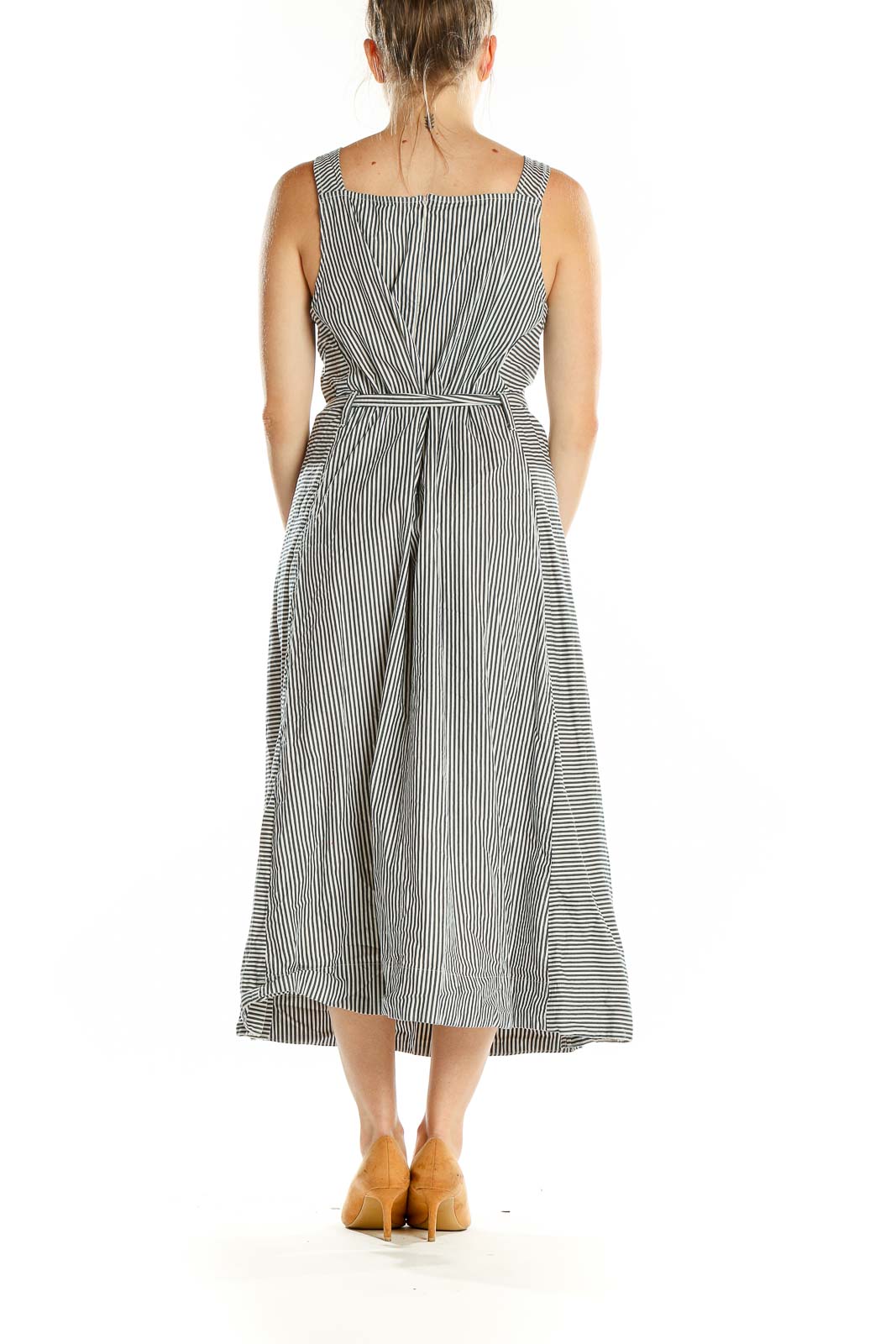 Back view of Madewell black and white striped cotton midi dress showing square neckline and A-line skirt