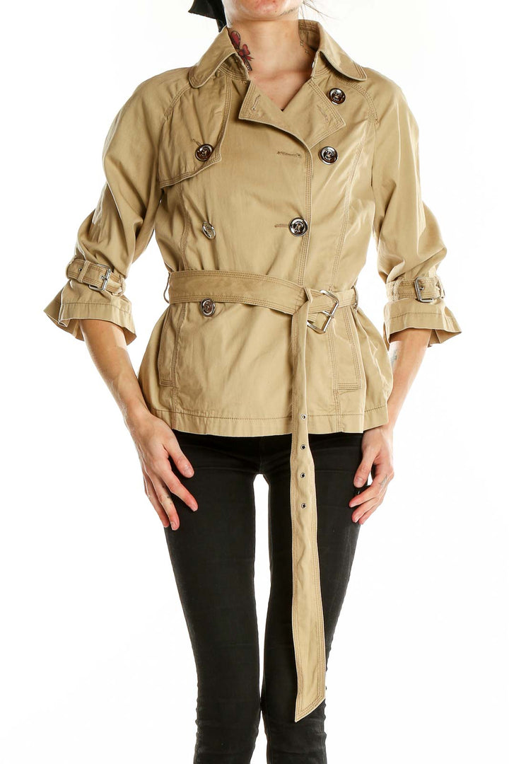 Khaki Double-Breasted Cropped Trench Coat