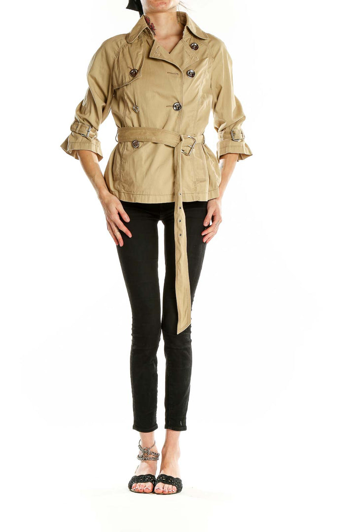 Khaki Double-Breasted Cropped Trench Coat
