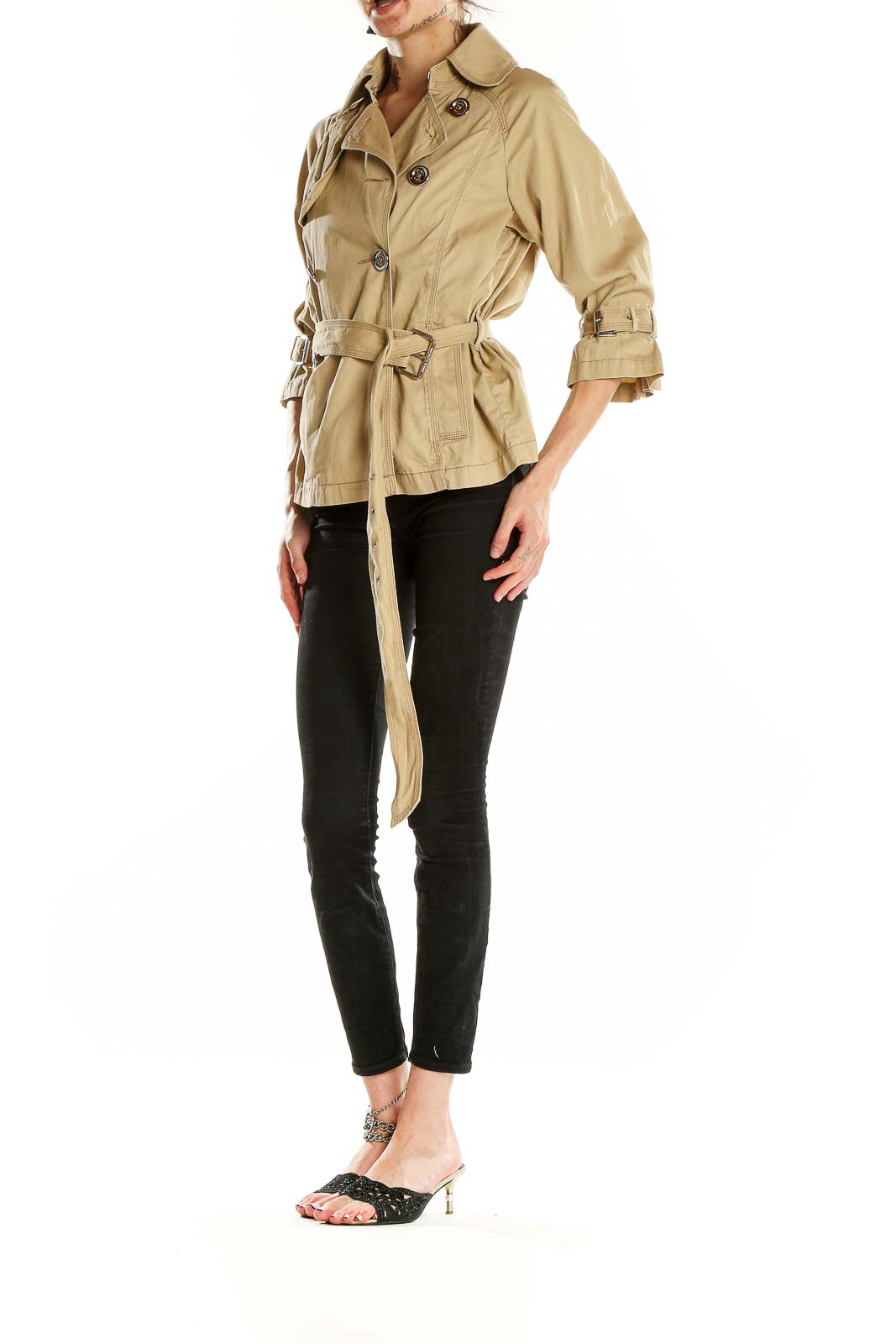 Khaki Double-Breasted Cropped Trench Coat