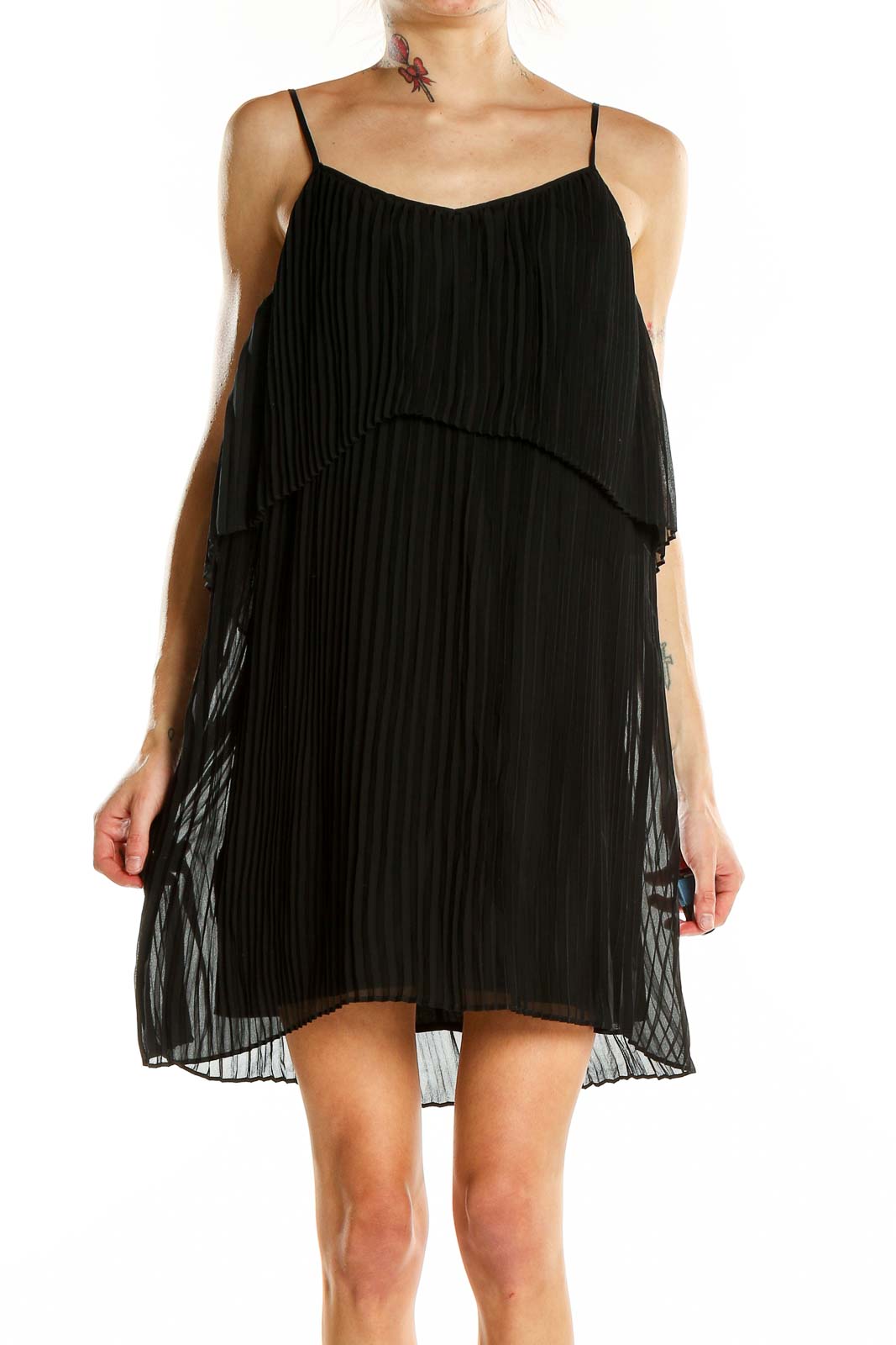 Front view of BCBGeneration black pleated chiffon mini dress with tiered design