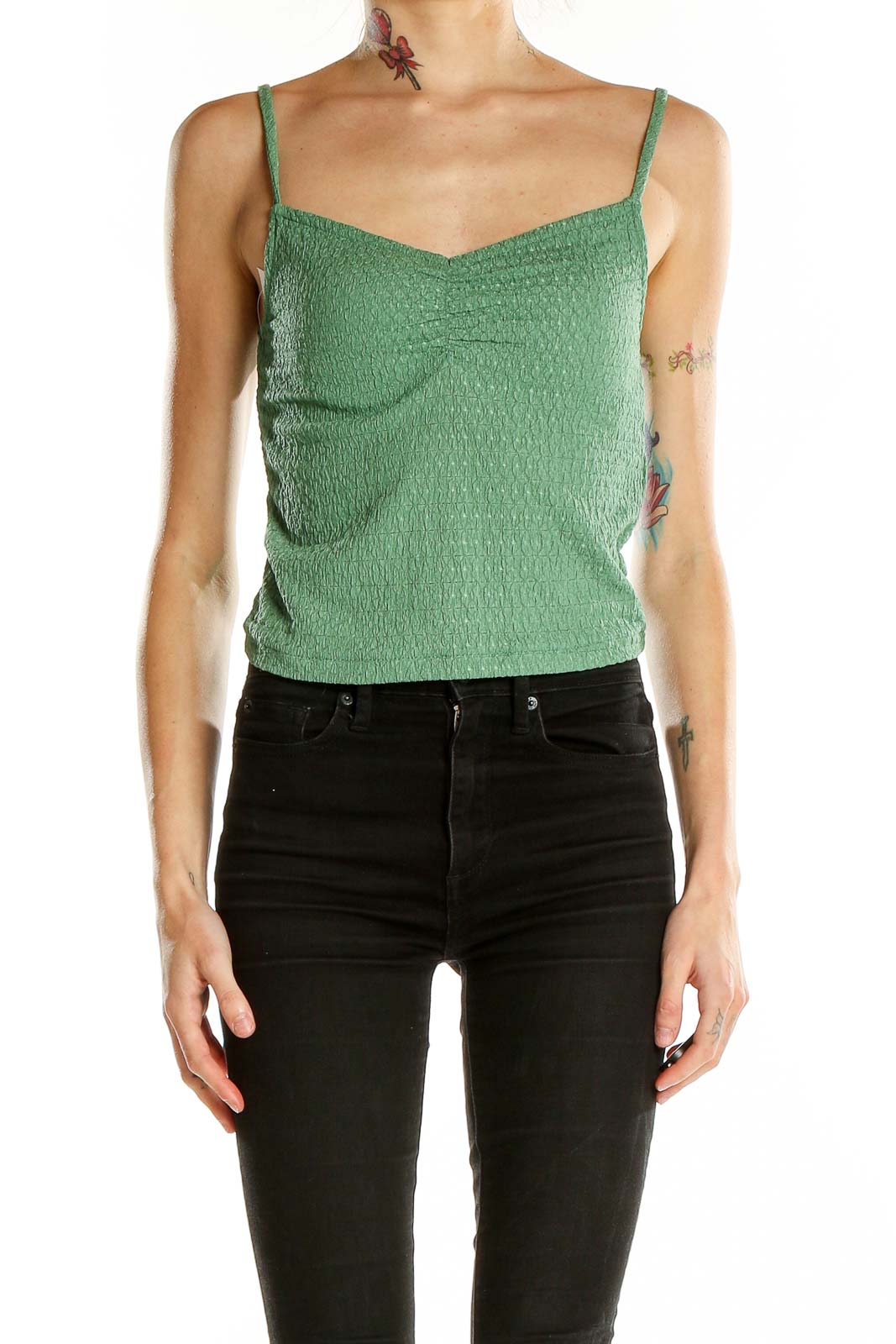 Front view of green textured cropped camisole top from Madewell
