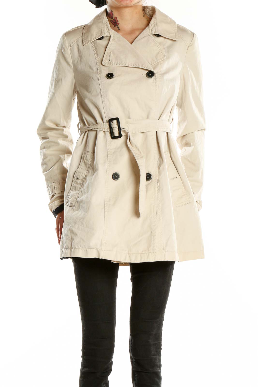 Front view of Bershka Collection beige double-breasted trench coat with belt