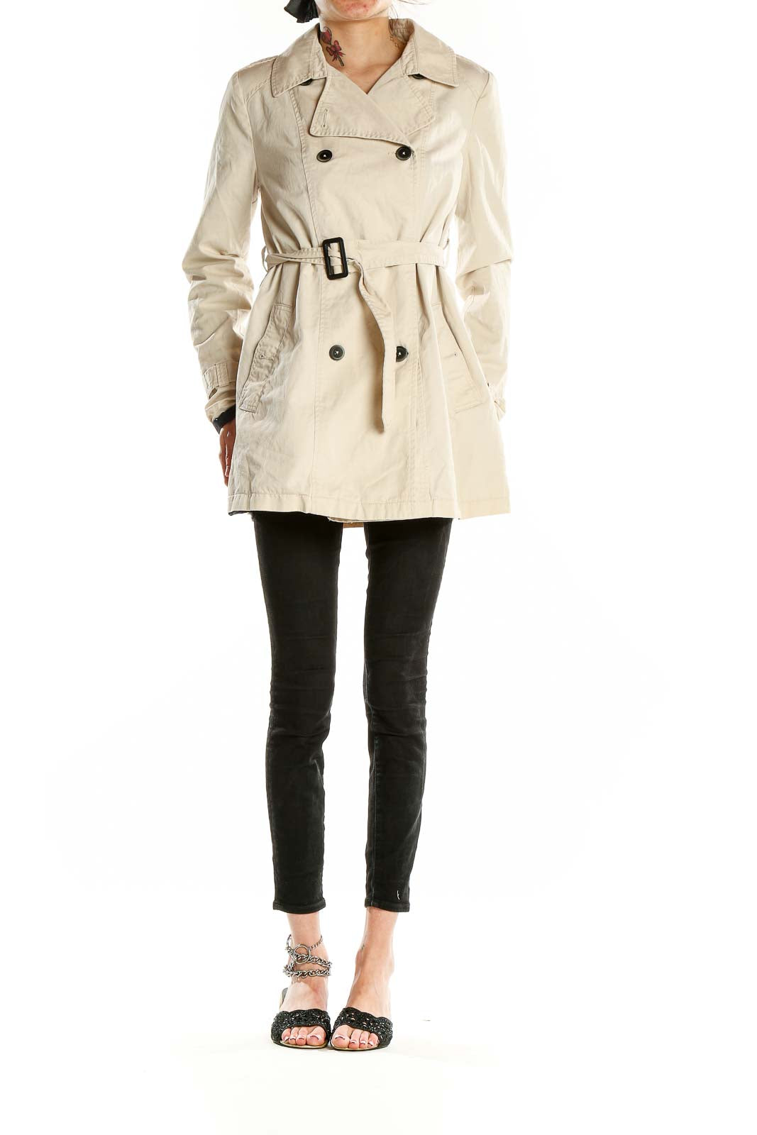 Front view of Bershka Collection beige double-breasted trench coat with belt