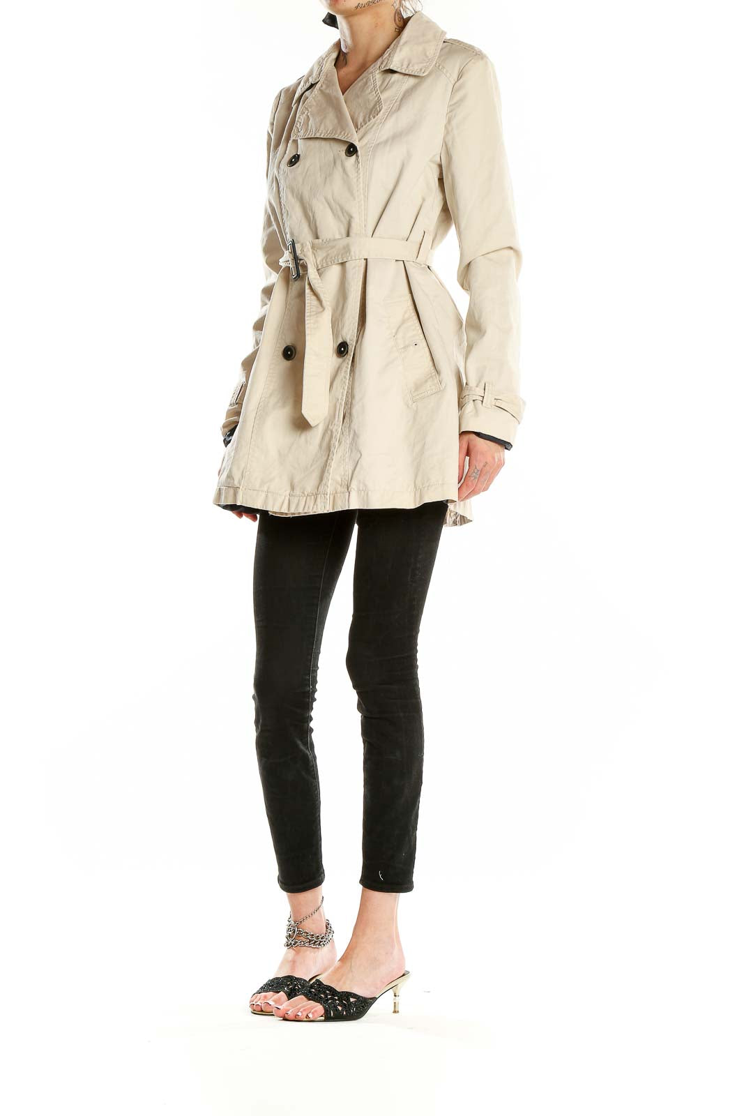 Front view of Bershka Collection beige double-breasted trench coat with belt