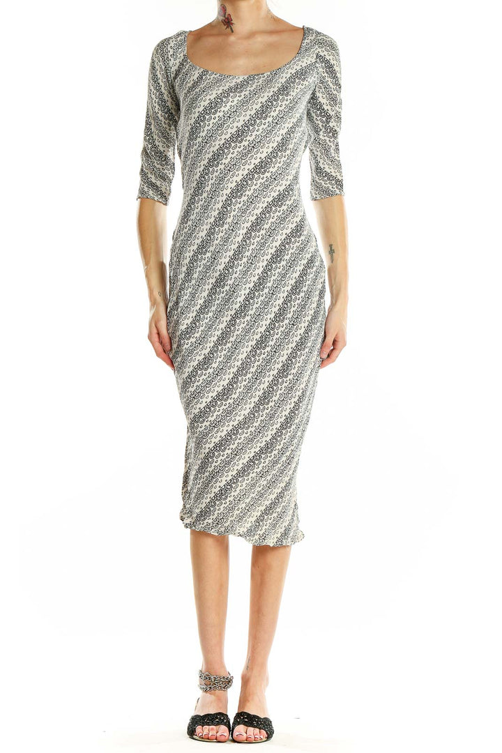 Front view of Tracy Reese gray striped rayon midi dress with scoop neckline