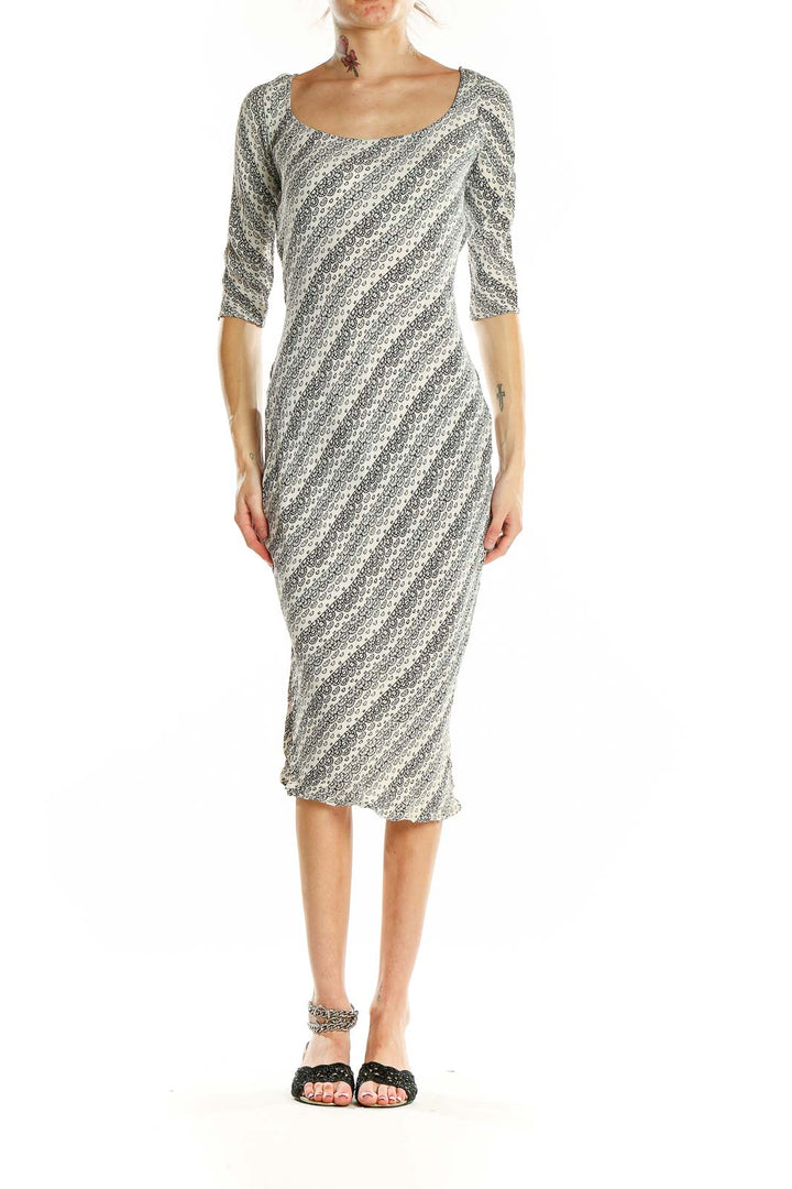Front view of Tracy Reese gray striped rayon midi dress with scoop neckline