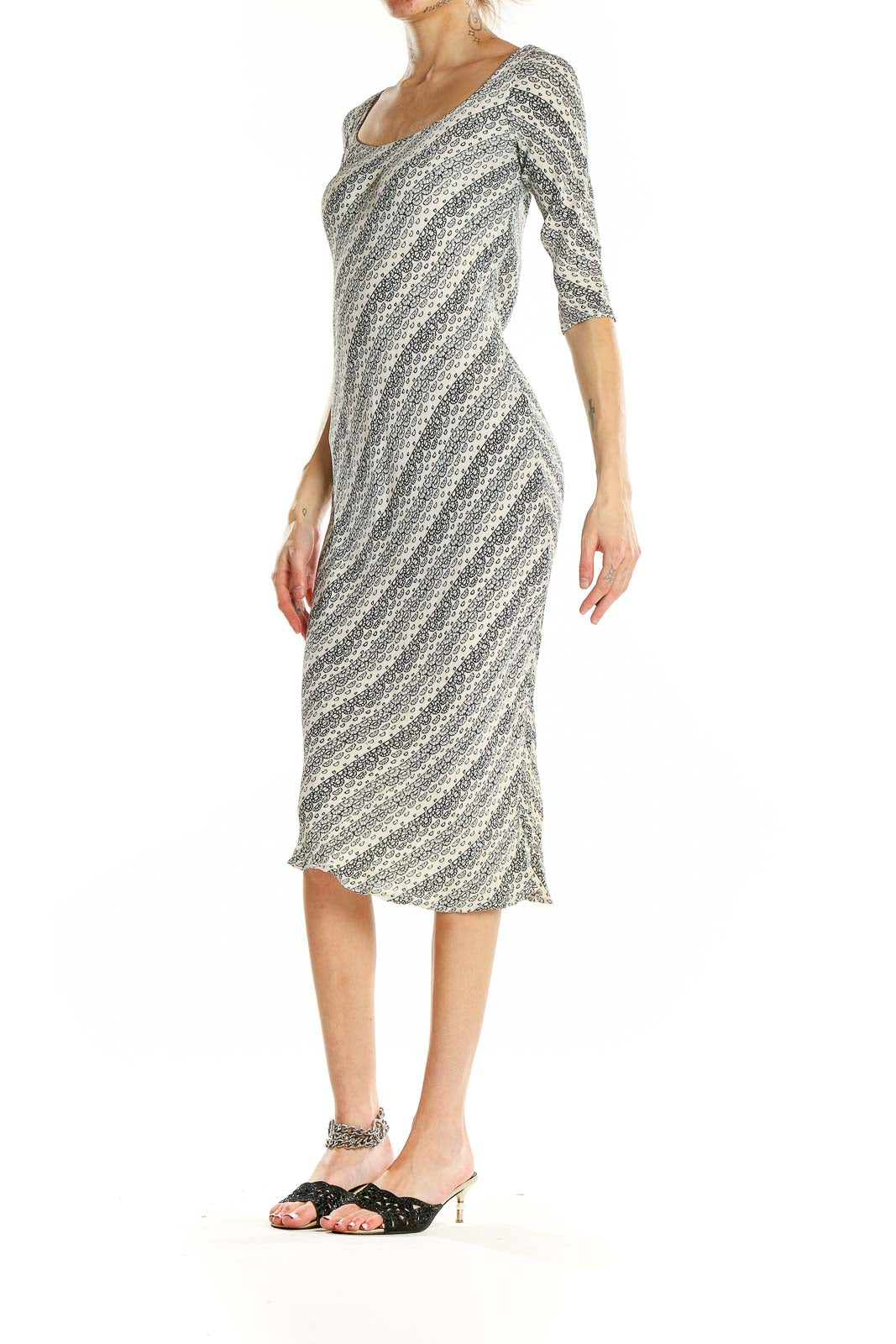 Front view of Tracy Reese gray striped rayon midi dress with scoop neckline