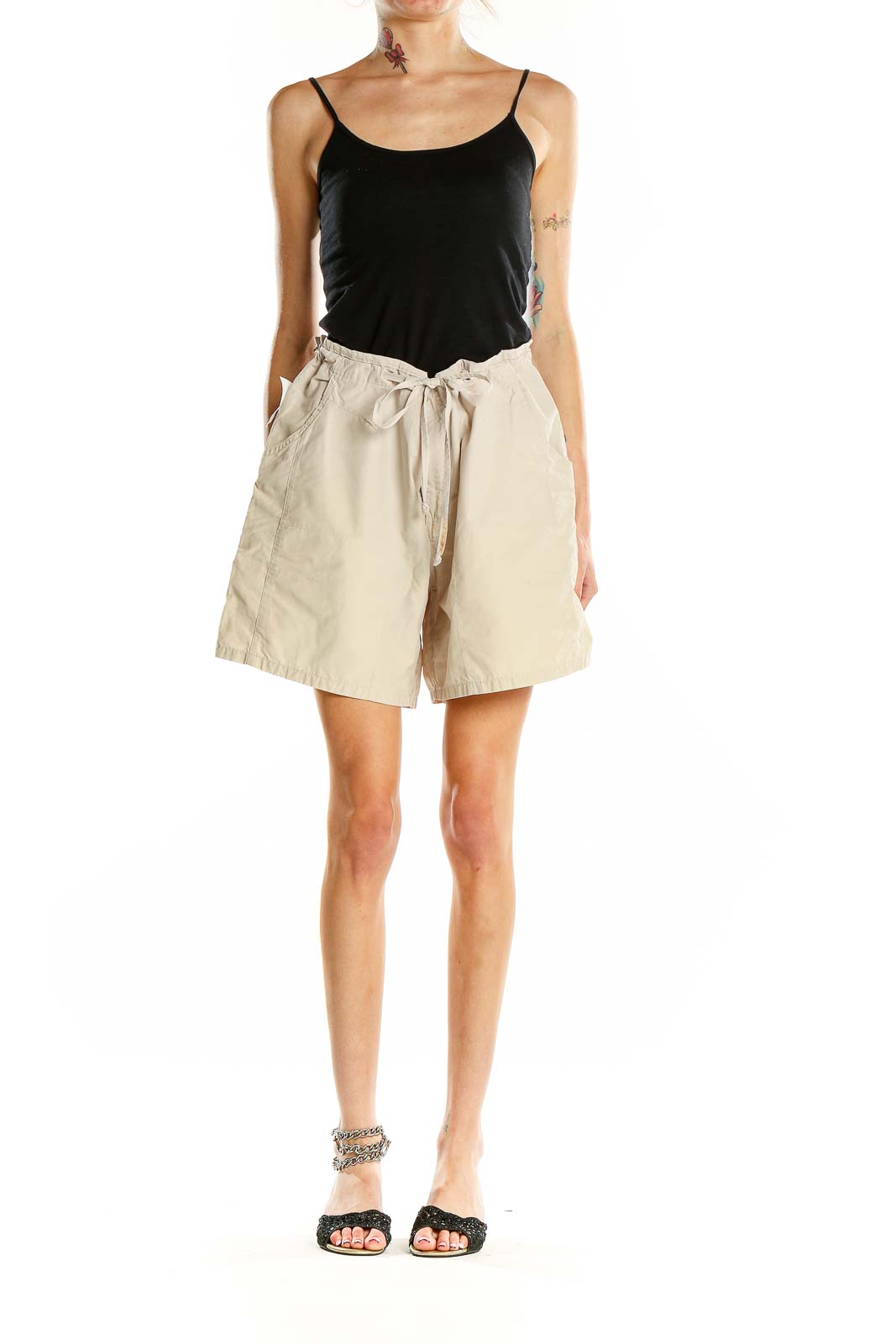 Front view of Columbia beige casual shorts with drawstring waist