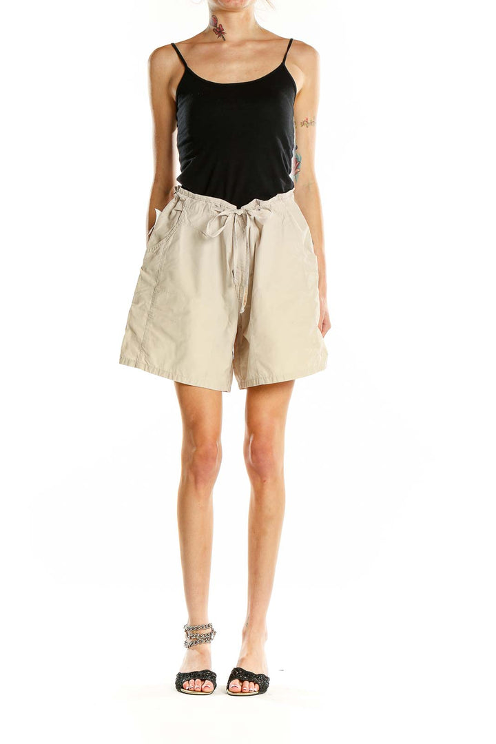 Front view of Columbia beige casual shorts with drawstring waist