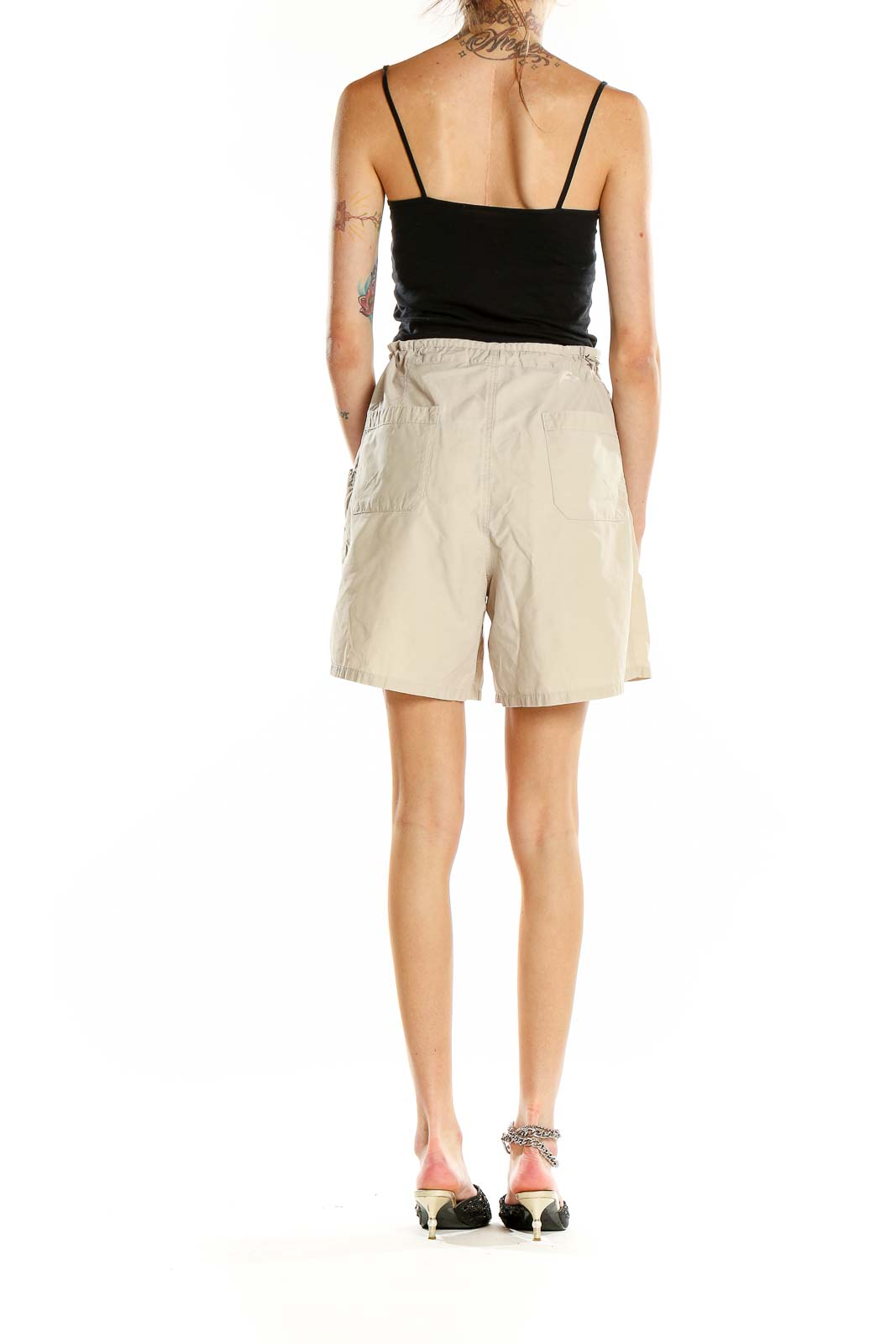 Side view of Columbia beige casual shorts showing pocket detail