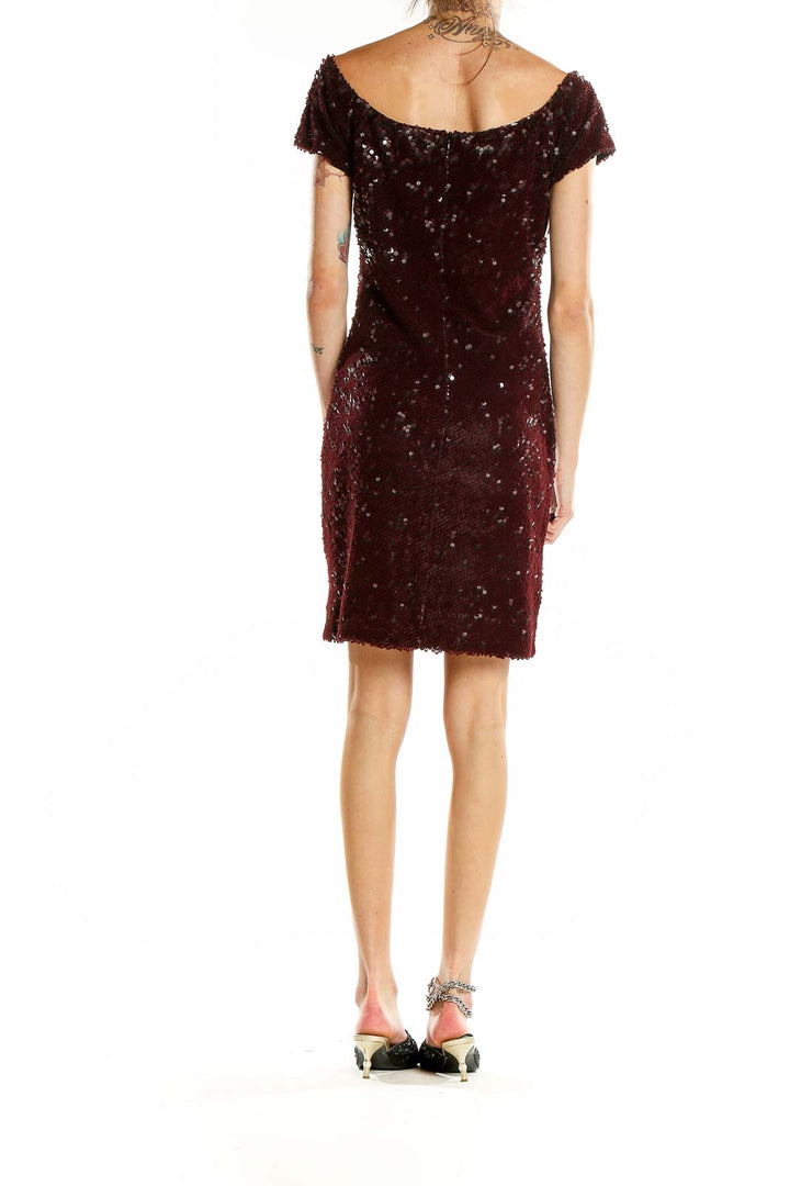 Side view of burgundy sequin off-shoulder cocktail dress